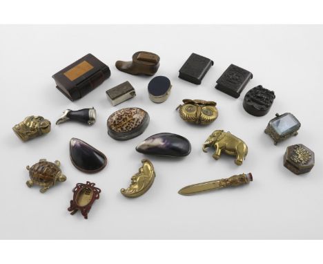 SNUFF BOXES &amp; VESTA CASES ET CETERA:-. 5 brass vesta cases (moon, elephant, tortoise, owl and dog), 3 vulcanite vesta cas