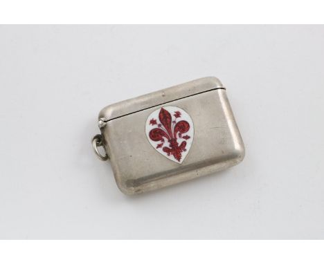 A LATE 19TH/EARLY 20TH CENTURY CONTINENTAL VESTA CASE. of rounded oblong form, with a suspensory ring, the front enamelled wi