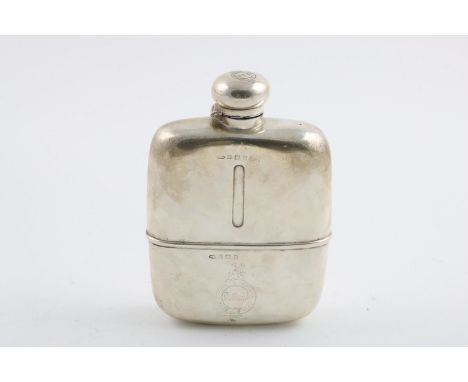 AN EDWARDIAN SPIRIT FLASK. of rounded oblong form with a hinged, twist-open cover, crested, by Marples &amp; Beasley, Birming