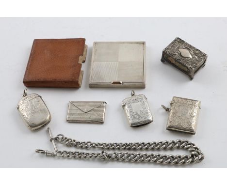 MISCELLANEOUS SILVER:-. a watch chain, Birmingham 1902, an Art Deco case for a compact, London 1947, a stamp envelope, Birmin