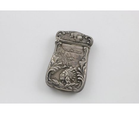 A LATE 19TH/EARLY 20TH CENTURY AMERICAN VESTA CASE. embossed with scrolls, an American Bison, a grotesque mask, the head of a