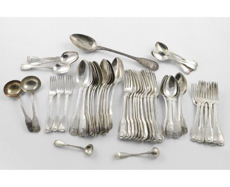 A GEORGE IV PART SERVICE OF FIDDLE, THREAD AND SHELL FLATWARE:. 13 table forks, 13 table spoons, 9 dessert forks, 7 dessert s