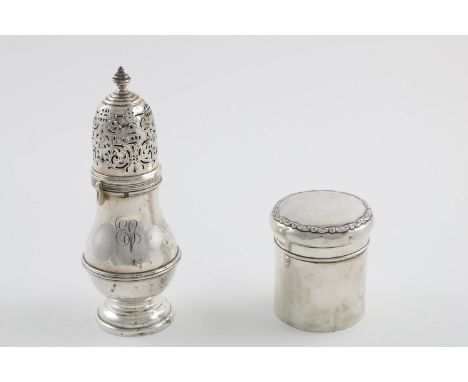 A GEORGE V BALUSTER SUGAR CASTER. with a pierced, high-domed cover, knop finial and a bayonet fitting, initialled by Wakely &