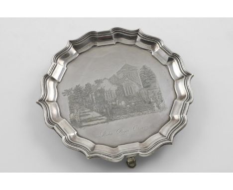 A LATE VICTORIAN SMALL SALVER OR WAITER. of shaped circular outline, engraved with a view of Stoke Poges Church, Buckinghamsh
