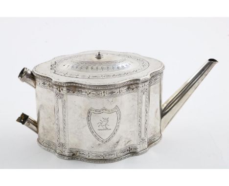 A VICTORIAN TEAPOT. of shaped oval form, with bright-cut engraving decoration, bead borders, lacking handle and finial, crest