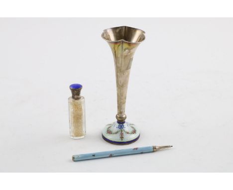 AN EARLY 20TH CENTURY CONTINENTAL VASE. with light blue enamel to the base with swags of floral decoration in between two ban
