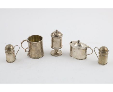 A MIXED LOT:-. a  George III pepper caster, gilt interior, inscribed "PEPPER", by Pound &amp; Co, London 1796, a tapering chr