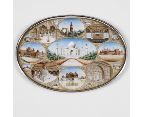 INDIAN MINIATURE PORTRAIT. of a group of buildings and interiors including Taj Mahal, Qutub Minar, Golden Temple Amritsar, Re