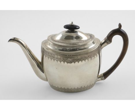 A GEORGE III OVAL TEAPOT. with a domed cover, bright-engraved friezes and reeded borders, initialled "AAE" on one side, by Jo