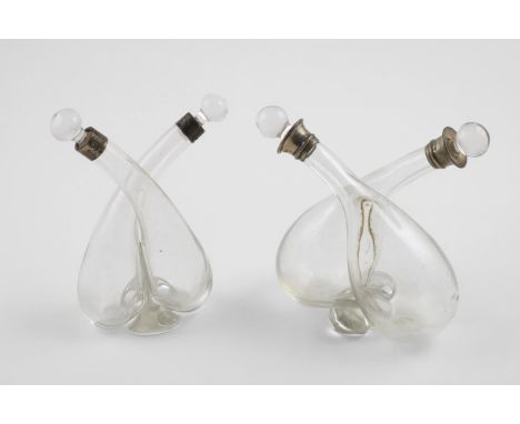 TWO MOUNTED GLASS OIL AND VINEGAR BOTTLES. one Edwardian,  by Hukin & Heath, Birmingham 1908, the other George V, by Charles 