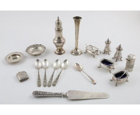 A MIXED LOT:-. a George V sugar caster, a vase (loaded base), initialled,  a pierced bonbon dish, a small "armada" dish, a mo