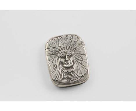 A LATE 19TH/EARLY 20TH CENTURY NORTH AMERICAN VESTA CASE. embossed with head of an Indian Chief, marked "STERLING" on the ins