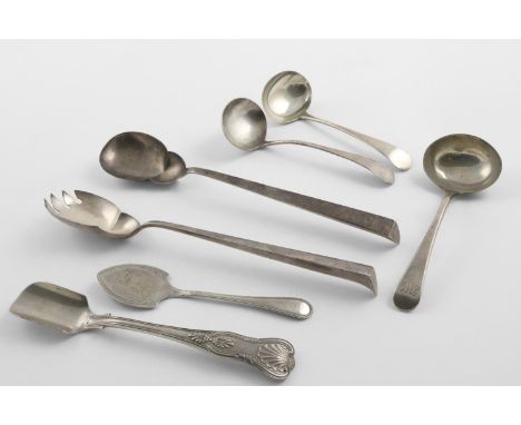 MIXED FLATWARE:. a pair of George V salad servers, crested, by John Grinsell &amp; Sons, Birmingham 1916, two George III Old 