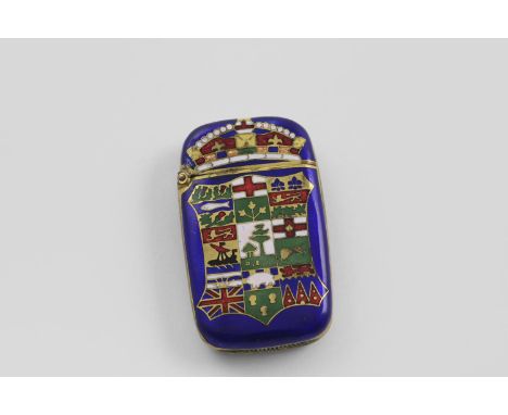 A LATE 19TH/EARLY 20TH CENTURY BRASS VESTA CASE. with enamelled decoration of the Provinces of Canada against a blue enamel g