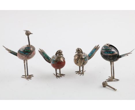 A SET OF FOUR 20TH CENTURY MEXICAN NOVELTY BIRDS. two longnecks and two short, with hardstone egg bodies and wings and feathe