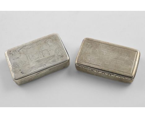 A VICTORIAN SNUFF BOX. rectangular, with a presentation inscription on the cover and a scroll thumbpiece, gilt interior by Jo
