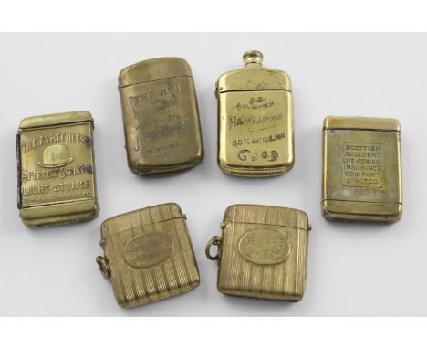 SIX VARIOUS LATE 19TH/EARLY 20TH CENTURY BRASS VESTA CASES. advertising "DEWARS WHISKY", "SCOTCH ROYAL ARMS WHISKY", "SCOTTIS