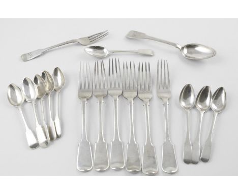 MALTESE FLATWARE:-. 6 table forks, a dessert fork, initialled, a dessert spoon, initialled  and 9 teaspoons, mixed maker's an