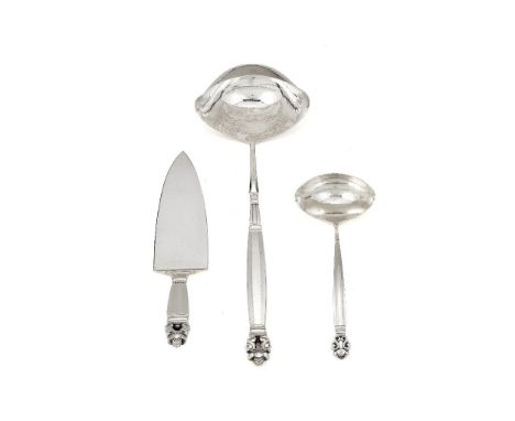 Georg Jensen, a Danish silver Acorn pattern soup ladle, sauce ladle and pastry slice, post 1945 stamped marks, designed by Jo