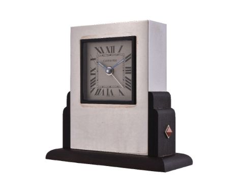 Cartier, ref. 2748, a palladium and wood desk alarm clock, no. 161104GD, quartz movement, white dial, Roman numerals, luminou