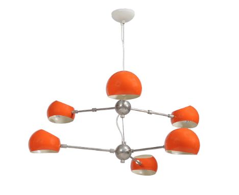 David Weeks Studio, Tri Boi, no. 418, a two tier six light chandelier, dated 2.23.(20)08, nickel plated and orange gloss powd