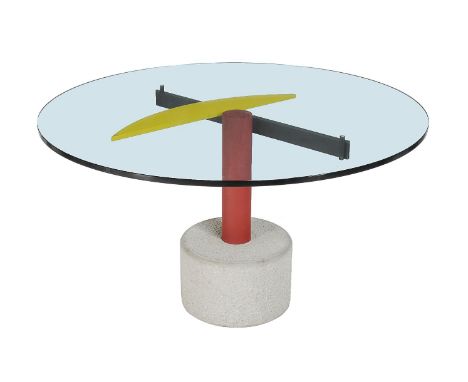 An occasional table, unmarked, late 20th century, in the manner of Ettore Sottsass, yellow, red and black painted steel, glas