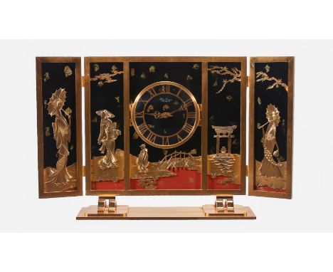 Hour Lavigne, Paris, a gilt brass and lacquered mantel clock, ref: 70 15490 A3H, no. 4, with a quartz movement, the 12cm dial