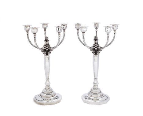 Georg Jensen, a pair of Danish silver five-light candelabra, post 1945 stamped marks, design no. 474, designed by Johan Rohde