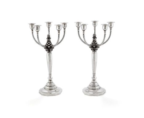 Georg Jensen, a pair of Danish silver five-light candelabra, post 1945 stamped marks, design no. 474, designed by Johan Rohde