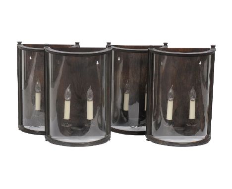 Charles Edwards, London, a set of four large bow fronted 'D' wall lanterns, two light, lacquered brass and glass, labelled, 5