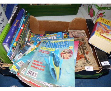 A box of books including; Harry Potter &amp; The Order of Phoenix 1st Edition, Thunderbird Magazines, The Dan Dare Dossier, R