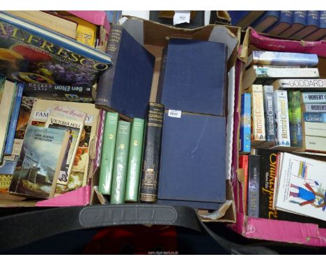Three boxes of books to include; Robert Goddard, Bernard Cornwall novels, Thomas Hardy, Cook Books, Oxford Junior Encyclopedi