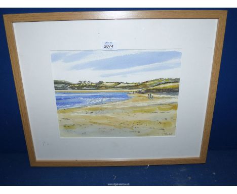 A framed and mounted Watercolour depicting a seascape with figures on a beach, signed lower right 'C. Randell'.