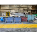 2 x Grey Metal Tipping Skips. 2 x Red Metal Bins. High Side Green Metal Skip. Small Blue Skip.