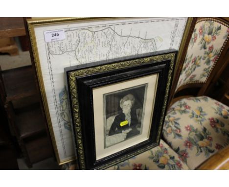 A framed map of Suffolk together with a pencil portrait sketch, and a print of Maggie Thatcher 