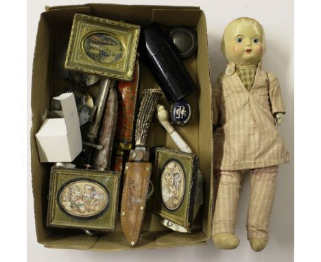 A tray containing two 19th Century Bilston enamel patch boxes  AF; together with two glass paperweights; a Cameo  brooch; and