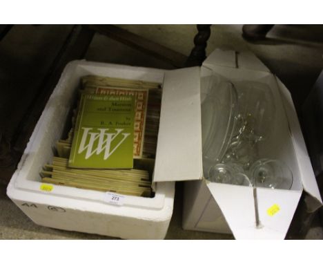 A box of magazines; a box of glassware; and a box of architectural books 