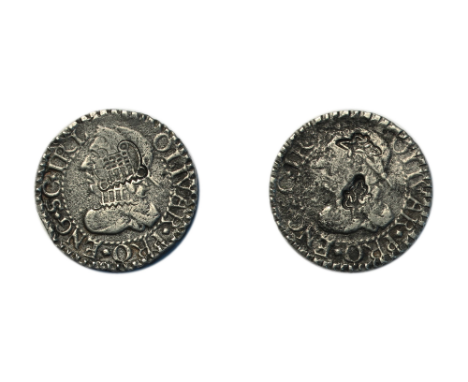 Oliver Cromwell' Farthing' struck in white metal a double obverse striking on a thick flan countermarked on one side with a p