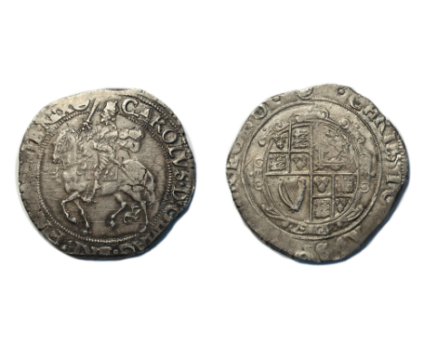 Charles I (1625-1649) Halfcrown Tower mint group III type 3a2 king on horseback left rev. oval garnished shield mm. triangle-