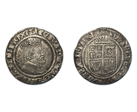 James I (1603-1625) Shilling third coinage sixth crowned bust right mark of value behind rev. plume over square-topped shield