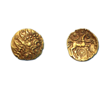 Celtic (c.55-45 BC) Atrebates Fractional gold stater abstracted head of apollo right and eight spoked wheel rev. triple taile