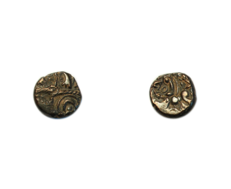 Celtic (c.50-35 BC) East Wiltshire quarter stater 'Vale of Pewsey' cruciform pattern stylised locks of hair above crudely ren