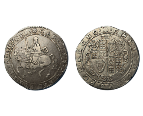 Charles I (1625-1649) Crown Exeter mint undated king on horseback left holding sword sash in large bow rev. round garnished s