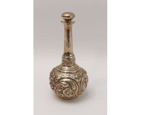 A late 19th century sterling silver bottle-flask and stopper by Black, Starr &amp; Frost: the lower bulb section&nbsp;repouss