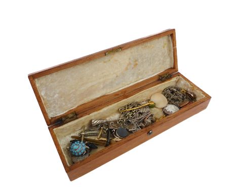 A box of vintage costume and silver jewellery - including a fancy silver fob chain with 19th century silver coin charms; thre