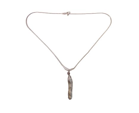 An unusual silver-mounted 'bean-shaped' natural mother of pearl pendant, with three shaped and twisted rope-like front suppor