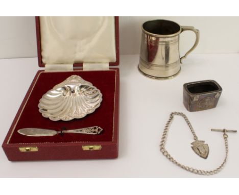 A mixed group of four: 1. a hallmarked silver butter dish and knife (cased) 2. an early 19th century silver-plated half-pint 