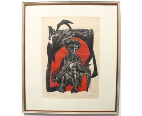 Rudolf H. Van Rossem (Dutch 1924-2007) - 'Boy with Cock', woodblock print; titled, numbered (32/35), signed and dated '56 in 