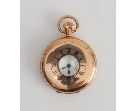 A 9-carat rose-gold-cased half-hunter pocket watch: the outer case with Roman numerals and opening to reveal a white enamel d