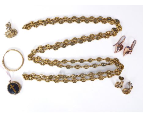 A pair of 9ct yellow gold earrings - with post backs for pierced ears; together with a pair of silver rose gilt drop earrings